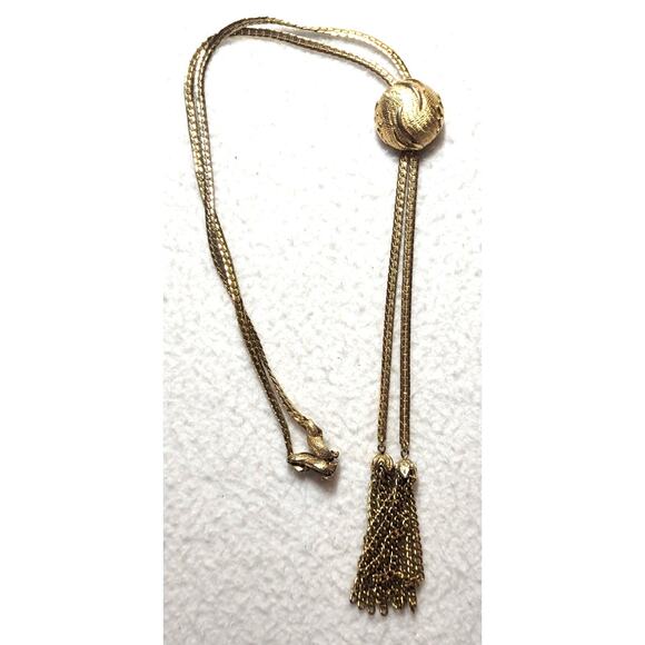 Vintage 60s Signed Goldtone Slider Lariat Necklace Clip On Button Earrings Set - Picture 4 of 7